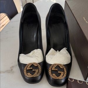 Gucci Charlotte Nero Black Nappa Leather GG Pumps Women's 38 1/2